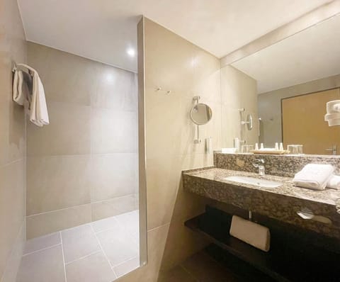 Hair dryer, bathrobes, towels, soap