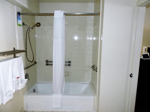 Combined shower/tub, free toiletries, hair dryer, towels