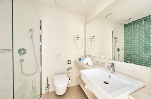 Shower, free toiletries, hair dryer, towels