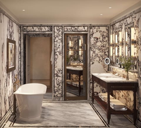 Combined shower/tub, rainfall showerhead, hair dryer, bathrobes