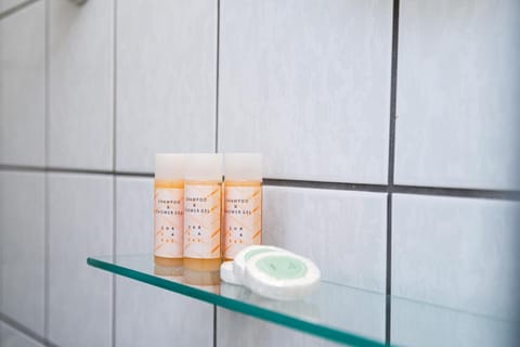 Shower, free toiletries, hair dryer, towels