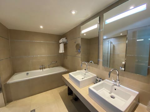 Suite | Bathroom | Shower, rainfall showerhead, hair dryer, towels