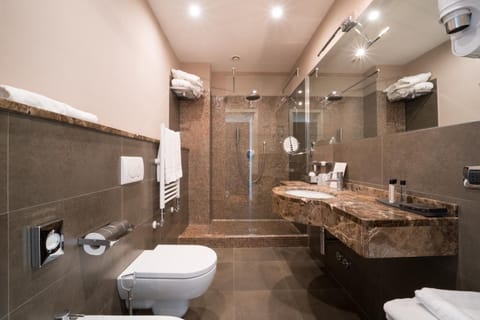 Shower, rainfall showerhead, hair dryer, bathrobes