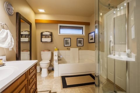 Combined shower/tub, free toiletries, hair dryer, towels