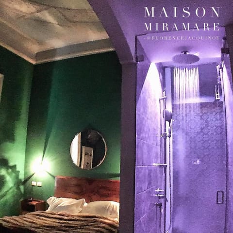 Shower, rainfall showerhead, designer toiletries, hair dryer