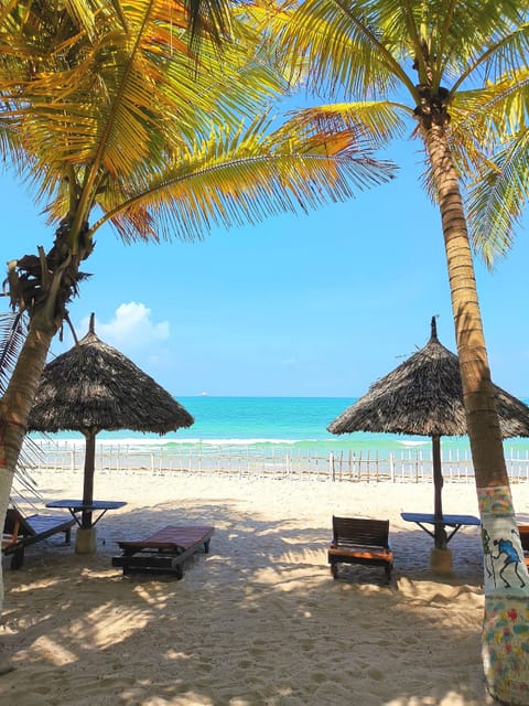 On the beach, white sand, sun loungers, beach umbrellas