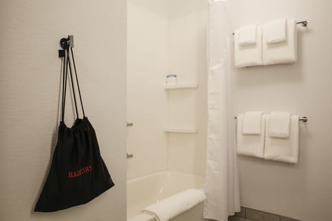 Combined shower/tub, free toiletries, hair dryer, towels