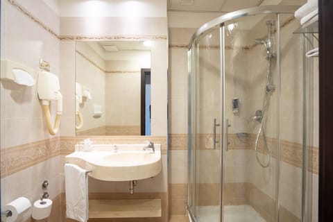 Hair dryer, bathrobes, bidet, towels