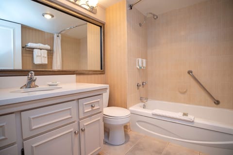 Combined shower/tub, hair dryer, towels