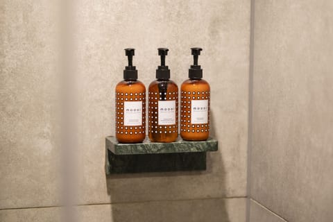 Shower, rainfall showerhead, free toiletries, hair dryer