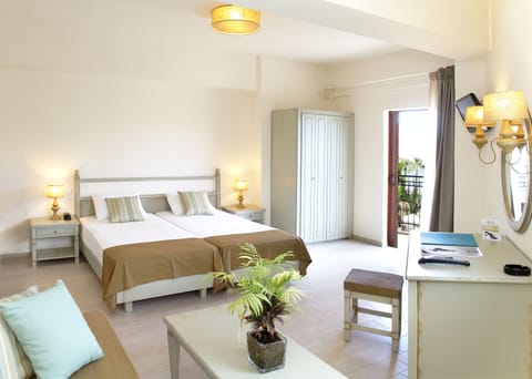 Double or Twin Room, Balcony, Sea view in Almyrida Beach Hotel | Desk, laptop workspace, blackout drapes, iron/ironing board