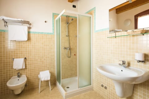 Hair dryer, bidet, towels, soap