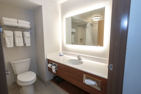 Combined shower/tub, free toiletries, hair dryer, towels