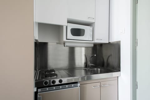Fridge, microwave, stovetop, cookware/dishes/utensils