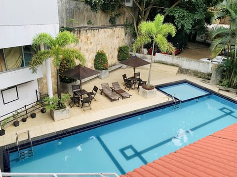 Outdoor pool, sun loungers