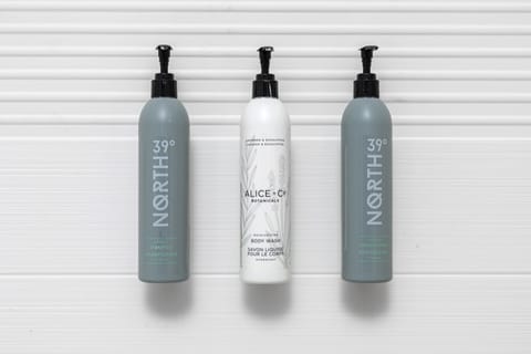 Combined shower/tub, hair dryer, towels, soap