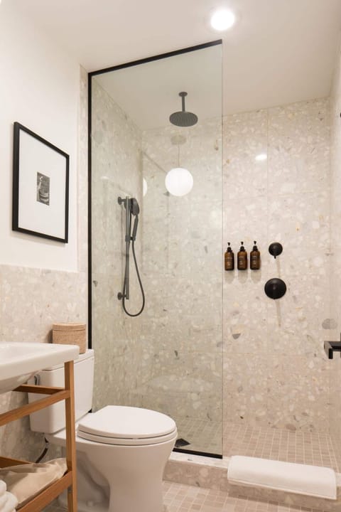 Eco-friendly toiletries, hair dryer, bathrobes, towels