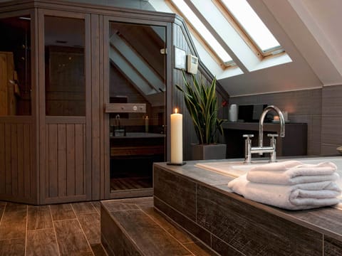 Hair dryer, towels, soap, shampoo