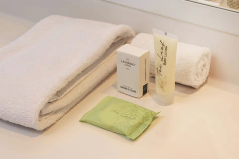 Shower, free toiletries, hair dryer, towels