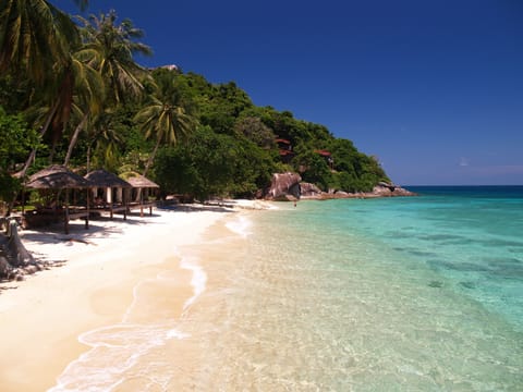 Private beach, white sand, free beach cabanas, sun loungers