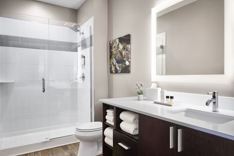 Shower, rainfall showerhead, free toiletries, towels