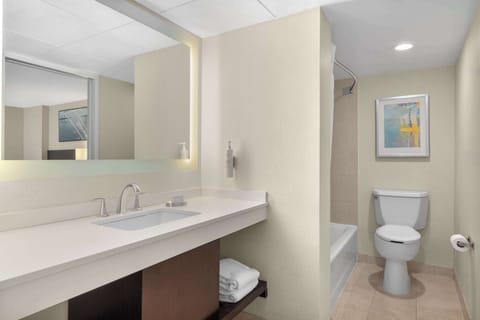 Combined shower/tub, deep soaking tub, free toiletries, hair dryer