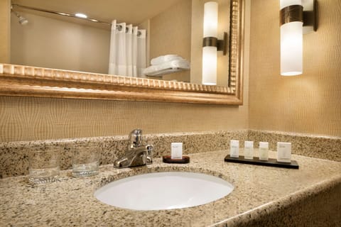 Combined shower/tub, free toiletries, hair dryer, towels