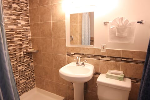 Combined shower/tub, towels