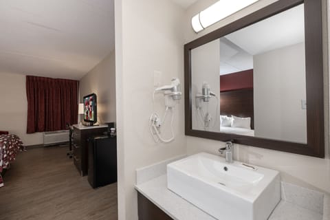 Hair dryer, towels, soap, shampoo