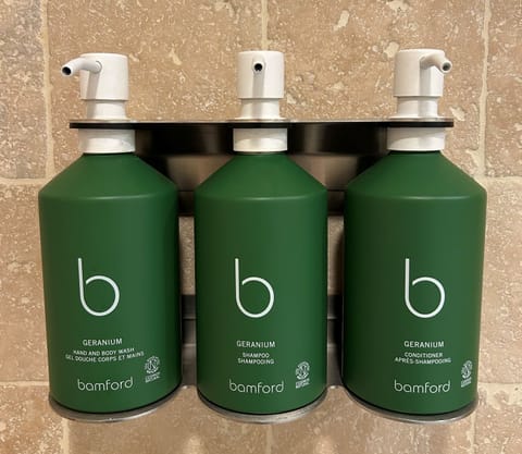 Shower, designer toiletries, hair dryer, bathrobes