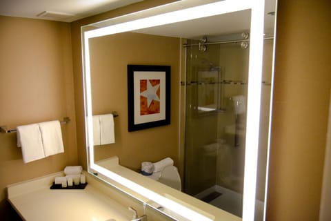 Combined shower/tub, free toiletries, hair dryer, towels