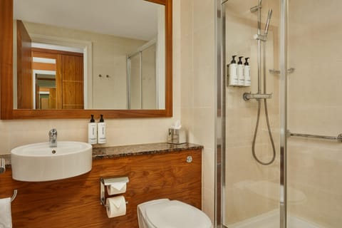 Combined shower/tub, hair dryer, towels