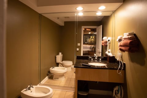 Separate tub and shower, jetted tub, designer toiletries, hair dryer