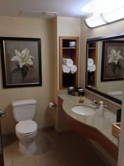 Combined shower/tub, designer toiletries, hair dryer, towels