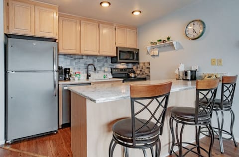 Fridge, microwave, coffee/tea maker, paper towels