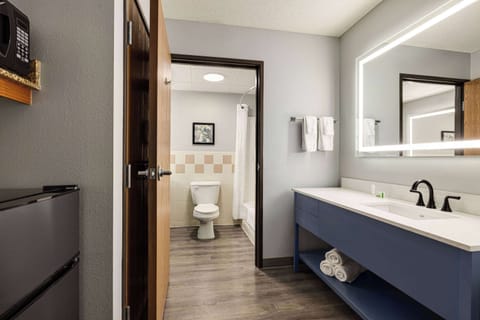 Deluxe Studio Suite, 1 King Bed | Bathroom | Combined shower/tub, hair dryer, towels