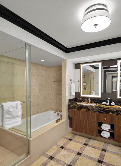 Separate tub and shower, free toiletries, hair dryer, towels