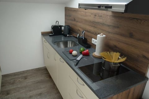 Full-size fridge, microwave, stovetop, dishwasher