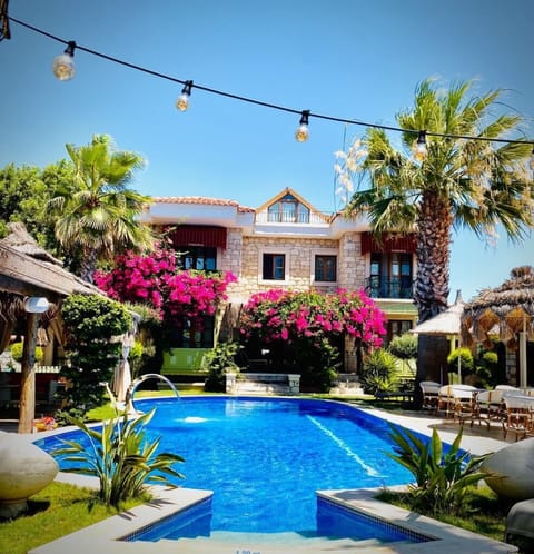 Outdoor pool, pool umbrellas, sun loungers