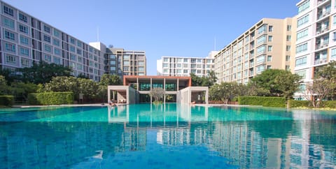 Outdoor pool, pool umbrellas, sun loungers