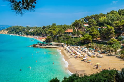Beach nearby, white sand, beach towels, 2 beach bars