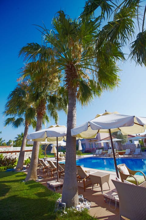 Outdoor pool, pool umbrellas, sun loungers