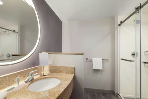 Combined shower/tub, free toiletries, hair dryer, towels