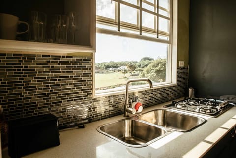 Full-size fridge, microwave, stovetop, electric kettle