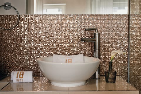 Shower, rainfall showerhead, free toiletries, hair dryer