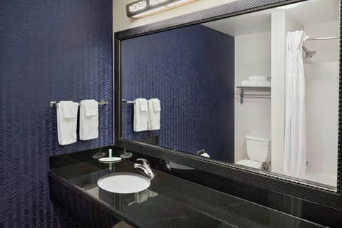 Combined shower/tub, free toiletries, hair dryer