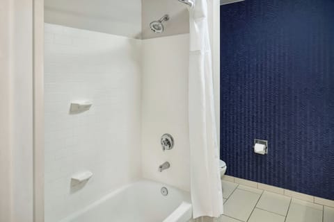 Combined shower/tub, free toiletries, hair dryer