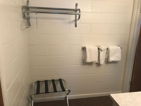 Combined shower/tub, hair dryer, towels