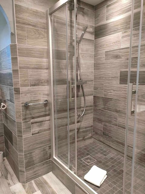 Shower, free toiletries, hair dryer, towels