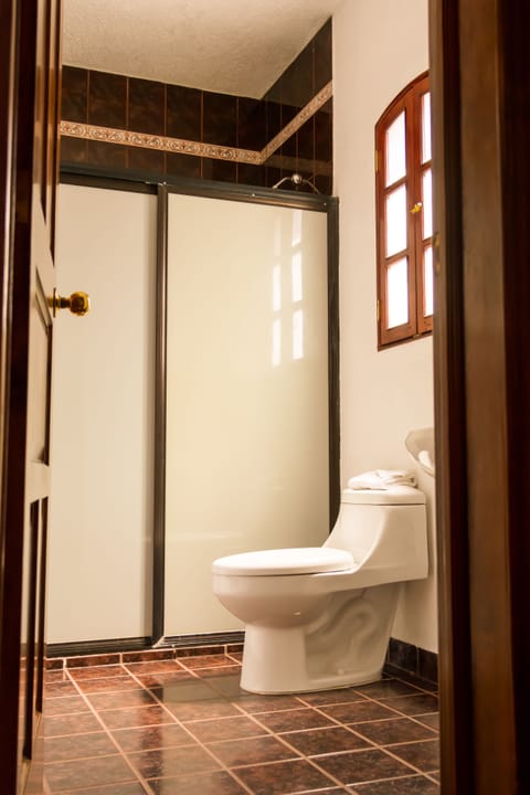 Shower, rainfall showerhead, free toiletries, hair dryer